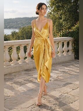 NWT Maria Lucia Hohan Jolie Silk Velvet Wrap Midi Dress in Nugget Gold Sz US 4